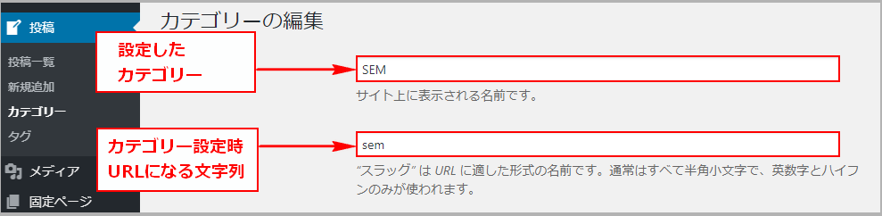 カテゴリーのUEL設定（英数字化）